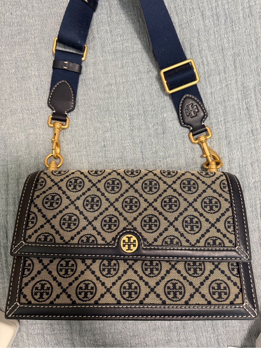 Tory Burch Navy and Beige Logo Jacquard Shoulder Bag with Gold Hardware